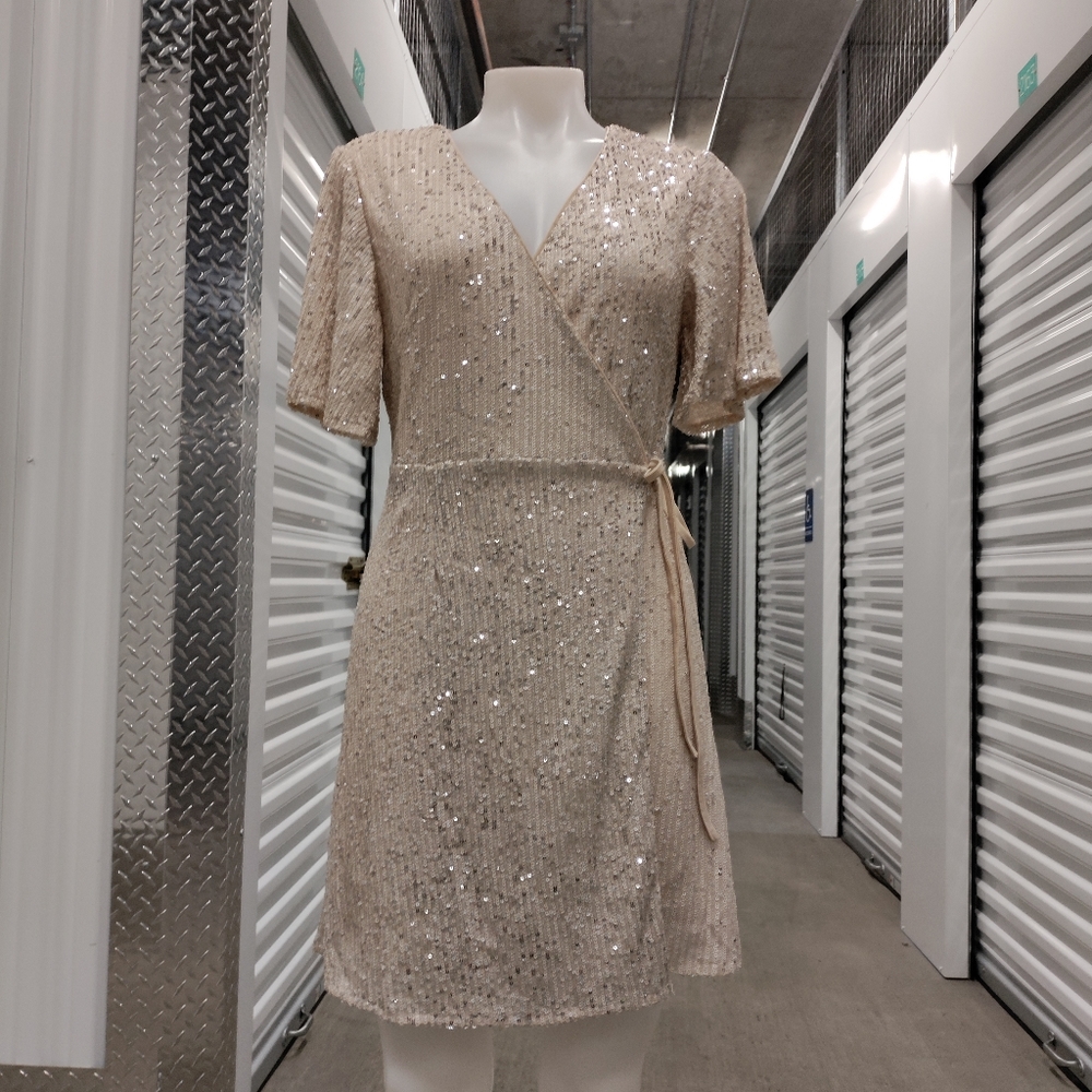 She & Sky Sequin Short Sleeve Wrap Dress size M